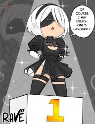  2b_(nier:automata) anger_vein artist_name back_cutout black_dress black_hairband black_thighhighs blindfold bubble chibi chibi_only clothing_cutout commentary covered_eyes dress english_commentary english_text feather_trim flashing_eyes gloves hairband highleg highleg_leotard highres juliet_sleeves leotard long_sleeves mole mole_under_mouth nier:automata nier_(series) podium puffy_sleeves rave_vii reaching short_hair sparkle speech_bubble spotlight talking thigh-highs thong thong_leotard triangle_mouth white_hair white_leotard winner's_platform 