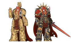  2girls a544113 absurdres ahoge armor belt bird breastplate chaldea_logo chaos_(warhammer) command_spell cosplay eagle emperor_of_mankind emperor_of_mankind_(cosplay) excalibur_morgan_(fate) expressionless eyes_of_horus_(warhammer_40k) fate/grand_order fate_(series) fujimaru_ritsuka_(female) full_armor gauntlets glowing gold_armor highres holding holding_sword holding_weapon horus_lupercal horus_lupercal_(cosplay) laurel_crown long_hair looking_at_viewer multiple_girls orange_eyes orange_hair ornate_armor pauldrons pelt power_armor power_fist primarch scar scar_on_face shoulder_armor side_ponytail smile sons_of_horus spikes sword terminator_armor transparent_background warhammer_40k weapon wolf_pelt 