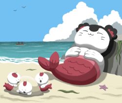  :3 beach blue_sky blues-i boat chibi chibi_only chiikawa closed_eyes clouds commentary_request facing_viewer fishing fishing_rod from_side full_body highres merfolk mermaid mermaid_(chiikawa) monster_girl no_humans ocean on_boat playing sand sand_sculpture scales seaweed siren_(chiikawa) sky sleeping starfish surf watercraft whiskers 
