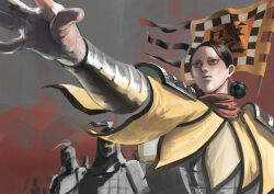  1boy absurdres armor army black_hair bracer checkered_hair_ornament chinese_armor commentary_request double_bun flag flag_background green_eyes grey_armor hair_bun highres keisha_(kingdom) kingdom_(manga) kingyoso-745 outstretched_arm painterly perspective shoulder_armor soldier very_low_bun 
