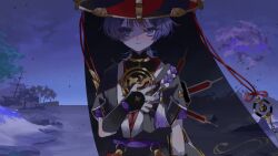  1boy arm_at_side armor black_bodysuit black_eyes black_hair black_hat black_kimono black_sleeves black_veil blunt_ends bodysuit closed_mouth clutching_chest commentary_request expressionless eyelashes eyeliner fingernails genshin_impact gold gold_trim grass hand_up hat highres japanese_armor japanese_clothes jewelry jingasa juban kimono kote kurokote layered_sleeves looking_at_viewer makeup male_focus mandarin_collar mitsudomoe_(shape) mountainous_horizon neck_ring o-ring open_hand purple_rope purple_sash purple_sleeves red_eyeliner red_hat red_kimono rope sash scaramouche_(genshin_impact) scaramouche_(harbinger)_(genshin_impact) shimenawa shipwreck shore short_sleeves single_sode sky solo straight-on suesuzue tassel tomoe_(symbol) tsurime two-tone_hat upper_body variant_set veil white_kimono white_rope wolf_cut 