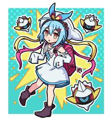  1girl ahoge ankle_boots backpack bag blonde_hair blue_bow blue_dress blue_hair boots border bow brown_boots charm_(object) choker commentary_request crossed_bangs dress duel_masters floating floating_object hair_between_eyes hair_ornament hat hat_bow highres kclocklock long_hair multicolored_bow multicolored_dress multicolored_hair open_mouth orange_eyes outside_border randoseru red_bow red_hair sleeves_past_fingers sleeves_past_wrists solo t_t_t_(duel_masters) very_long_hair white_border white_choker white_dress white_hat yellow_bow 