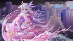  1girl absurdres boots building city cityscape commentary d_kayst dress earrings fate/kaleid_liner_prisma_illya fate_(series) floating_earrings gloves hair_ornament highres illyasviel_von_einzbern jewelry kaleidostick layered_gloves long_hair magic magical_girl magical_ruby open_mouth outdoors pink_boots pink_dress pink_eyes pink_gloves prisma_illya road sleeveless sleeveless_dress smoke solo sphere_earrings thigh_boots white_hair 