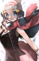  1girl absurdres beanie black_hair blue_eyes commentary_request dawn hair_ornament hairclip hat highres hikari_(pokemon) holding holding_poke_ball kurumiya_(krmy_p) lens_flare looking_at_viewer poke_ball poke_ball_(basic) poke_ball_print poke_ball_symbol pokemon pokemon_diamond/pearl/platinum red_scarf scarf solo white_background white_hat 