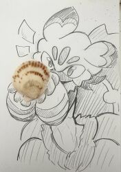  arthropod_girl awoooooga bug commentary english_commentary extra_legs greyscale highres holding monochrome palworld seashell shell spider spider_girl tarantriss white_background 