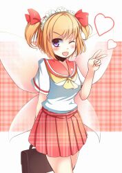  1girl :d alternate_costume bag blonde_hair blush bow commentary_request cowboy_shot fairy_wings fang hair_bow highres kanzakietc looking_at_viewer neckerchief one-hour_drawing_challenge one_eye_closed open_mouth plaid_clothes plaid_skirt red_bow red_sailor_collar red_skirt sailor_collar school_bag school_uniform serafuku shirt short_hair skirt smile solo sunny_milk touhou transparent_wings two_side_up v violet_eyes white_shirt wings yellow_neckerchief 