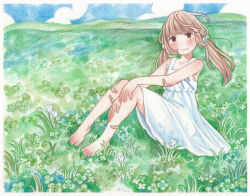  1girl absurdres armpit_crease bandaid bandaid_on_arm bandaid_on_leg bare_arms bare_shoulders barefoot blue_sky blunt_bangs blush border brown_eyes brown_hair closed_mouth clouds clover collarbone colored_pencil_(medium) commentary day dress dress_ribbon english_commentary fang field floating_hair flower four-leaf_clover full_body grass hair_bobbles hair_ornament hand_on_own_knee hand_on_own_leg highres hill knees_up landscape long_hair looking_at_viewer low_twintails nature no_nose on_ground original outdoors sitting skin_fang sky sleeveless sleeveless_dress smile solo sundress traditional_media twintails whipcreamtea white_border white_dress white_flower wind 
