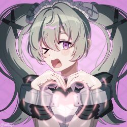  1girl black_dress blush corin_wickes dress green_hair hair_between_eyes hands_up heart_arms highres long_hair looking_at_viewer maid maid_headdress one_eye_closed oootsuyu open_mouth pink_background puffy_short_sleeves puffy_sleeves screw_hair_ornament short_sleeves solo twintails upper_body violet_eyes zenless_zone_zero 