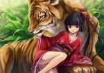  black_hair degrees_celsius hair_ribbon japanese_clothes kimono long_hair original ponytail red_eyes ribbon tiger 