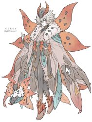  arthropod_girl artist_name bug commentary_request fingerless_gloves fire fluffy fur_collar gloves high_heels highres japanese_clothes kimono moth moth_girl multiple_wings natsun_(4869ntmmmmm) no_humans obi orange_wings personification pokemon red_kimono sash volcarona white_background white_fur white_hair wide_sleeves wings 