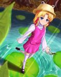  blonde_hair blue_eyes frog from_above hair_ribbon hat ket-c lily_pad mary_janes moriya_suwako perspective pond ribbon shoes short_hair smile standing_on_one_leg thigh-highs thighhighs touhou tree water white_legwear 