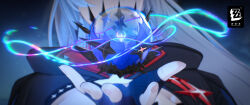  1girl 3d black_gloves copyright_logo copyright_name earrings eldreda_sunbringer eyes_out_of_frame fingerless_gloves fingernails floating floating_object foreshortening four-pointed_star gloves grey_hair hand_focus head_out_of_frame highres jewelry logo long_hair non-web_source official_art official_wallpaper star_(symbol) star_earrings upper_body very_long_hair zenless_zone_zero 
