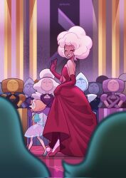  2girls 6+girls afro bare_shoulders closed_eyes commentary crowd curtsey dress elbow_gloves english_commentary gem_(steven_universe) glasses gloves gown high_heels highres long_dress multiple_boys multiple_girls pearl_(steven_universe) pink_diamond_(steven_universe) pink_dress pink_hair red_dress red_gloves robot smile steven_universe waving white_hair ytalosm2 