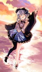  1girl :d ^_^ asymmetrical_legwear bag bird_hat_ornament black_bag black_bow black_bowtie black_capelet black_hat black_pantyhose black_shoes blue_hair blue_necktie blue_skirt bow bowtie braid braided_hair_rings capelet closed_eyes collared_shirt commentary_request contrast_collar deerstalker facing_viewer footwear_bow frilled_skirt frilled_socks frills full_body grey_vest hair_bow hair_rings hat hat_bow highres layered_skirt long_sleeves mahou_shoujo_no_majo_saiban necktie ocean open_mouth pantyhose plaid_clothes plaid_skirt shirt shoes shore short_hair single_leg_pantyhose skirt sky smile socks solo sunset tachibana_sherry tm21 unmoving_pattern vest water waving white_bow white_shirt white_socks 