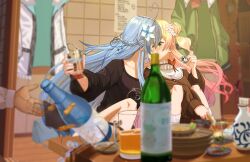 1other 2girls absurdres ahoge alcohol black_shirt blonde_hair blue_hair blurry blurry_foreground blush bottle braid brown_cardigan cardigan choko_(cup) collar commentary_request convenient_censoring cup depth_of_field detomark8 elf flower frilled_collar frills gradient_hair green_eyes green_jacket hair_bun hair_flower hair_ornament heart heart_ahoge highres holding holding_cup hololive implied_kiss indoors jacket kiss long_hair looking_at_another momosuzu_nene momosuzu_nene_(casual) multicolored_hair multiple_girls pink_flower pink_hair pointy_ears print_shirt restaurant sailor_collar sake sake_bottle shirt sidelocks sitting virtual_youtuber white_flower white_sailor_collar yellow_eyes yukihana_lamy yukihana_lamy_(cyber) yuri 