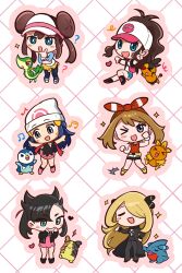  >_< >_o 6+girls :d :o ? anthopod_01 aqua_eyes asymmetrical_bangs bag baseball_cap beanie bike_shorts bike_shorts_under_shorts black_boots black_hair black_jacket black_leggings black_pants black_shirt black_shorts black_socks black_vest blue_eyes blue_hair blue_shoes blue_shorts blush blush_stickers boots bracelet bright_pupils brown_eyes brown_hair chibi chibi_only clenched_hands closed_eyes commentary cynthia_(pokemon) double_bun dress english_commentary eyelashes fanny_pack full_body fur-trimmed_jacket fur_trim gible grey_eyes grid_background hair_bun hair_ornament hair_over_one_eye hair_ribbon hairband hairclip hand_on_own_chin handbag hat heart highres hikari_(pokemon) hilda_(pokemon) jacket jewelry leggings legs_apart lightning_bolt_symbol long_hair marnie_(pokemon) may_(pokemon) morpeko morpeko_(full) multiple_girls multiple_hairclips musical_note one_eye_closed open_clothes open_jacket open_mouth open_vest outline outstretched_arms pants pink_bag pink_boots pink_dress pink_outline pink_skirt piplup poke_ball_print pokemon pokemon_(creature) pokemon_black_2_and_white_2 pokemon_black_and_white pokemon_diamond/pearl/platinum pokemon_omega_ruby_and_alpha_sapphire pokemon_sword_and_shield ponytail red_hairband red_ribbon red_scarf ribbon rosa_(pokemon) scarf sharp_teeth shirt shoes shorts sidelocks skirt sleeveless sleeveless_shirt smile snivy socks spread_arms standing teeth tepig torchic twintails undercut v v-neck v-shaped_eyebrows vest visor_cap white_hat white_outline white_pupils white_shirt white_shorts wristband yellow_shoes yellow_skirt 