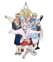  3girls 4boys 5boys :d \o/ animal_ears anoko_(chiikawa) antenna_hair arms_up black_hair black_shirt blonde_hair blue_eyes blue_hair blue_hoodie blue_kimono blue_shorts blue_sweater blunt_bangs blush brown_hair cape cardigan cat_ears character_request chiikawa chiikawa_(character) closed_eyes closed_mouth coat collared_shirt commentary cone_hair_bun dancing double_bun facial_mark flip-flops full_body hachiware_(chiikawa) hair_bun highres holding_hands hood hood_down hoodie humanization jacket japanese_clothes kimono long_hair long_sleeves looking_at_viewer momonga_(chiikawa) multicolored_hair multiple_boys multiple_girls neck_ribbon open_clothes open_mouth orange_hair outstretched_arms pink_cardigan pink_coat pink_hair pink_hoodie pink_jacket pink_sweater pleated_skirt red_hair red_ribbon red_skirt ribbon sandals shirt shoes short_bangs short_hair shorts siblings simple_background skirt smile sneakers socks spread_arms standing streaked_hair stretching sweater twintails two-tone_hair ume0_01 untranslatable_commentary usagi_(chiikawa) white_background white_shirt white_shorts white_socks yellow_shirt zouri 