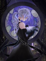  1girl :3 =_= above-cleavage_cutout aquwa atlas_(aquwa) back back_cutout bare_shoulders black_choker black_dress black_gloves blue_hairband blue_outline blue_skin blue_streaks building choker circle circle_cutout city city_lights cityscape cleavage_cutout closed_eyes closed_mouth clothing_cutout colored_skin commentary creature crossed_bangs detached_sleeves diamond_cutout dress earrings english_commentary feet_out_of_frame glass gloves hair_between_eyes hairband highres holding holding_creature holding_slime indie_virtual_youtuber jewelry light_particles limitiiss long_bangs long_dress long_sleeves motion_lines multicolored_hair night off_shoulder on_building outline ponytail rain shadow shiny_clothes shiny_skin shoulder_cutout sky skyscraper sleeveless sleeveless_dress slime_(creature) solo_focus space_print sphere_earrings stained_glass standing star_(sky) starry_sky_print streaked_hair triangle two-tone_hair very_long_ears water_drop white_hair white_outline window 