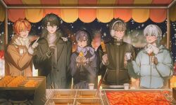 5boys :d :o :p :t ^_^ aah_haa absurdres animal_scarf black_coat black_gloves black_hair black_jacket blue_eyes blue_jacket blurry blurry_background blush bow brown_hair closed_eyes coat collar colored_inner_hair commentary_request cross-eyed crossed_bangs cup curtained_hair disposable_coffee_cup disposable_cup double-parted_bangs down_jacket drawstring duffel_jacket earmuffs earrings eye_contact facing_another fang fingerless_gloves fish_cake food food_on_face food_stand fringe_trim fur-trimmed_collar fur-trimmed_jacket fur-trimmed_sleeves fur_trim gloves green_eyes grey_gloves grey_scarf hair_between_eyes hair_ornament hand_on_another's_shoulder hand_up hands_up high_collar highres holding holding_cup holding_food holding_skewer iro_cloud jacket jewelry koyo_tempest lapels long_sleeves looking_at_another male_focus mamezara market_stall mechanical_arms mole mole_under_mouth multicolored_hair multiple_boys night nino_sunday notched_lapels orange_hair orange_jacket oto_rainy outdoors parted_hair plate pointing pom_pom_(clothes) pom_pom_hair_ornament purple_collar purple_hair purple_scarf raised_eyebrows red_eyes robo_frostor sausage scarf scarf_bow short_hair side_part single_hair_intake single_mechanical_arm skewer skin_fang skoshism smile snowing steam steaming_cup straight-on stream stud_earrings sweater taiyaki tongue tongue_out turtleneck turtleneck_sweater upper_body utaite v-shaped_eyebrows very_short_hair violet_eyes virtual_youtuber wagashi white_hair white_scarf winter winter_clothes yellow_scarf zipper_pull_tab 