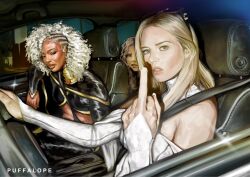  3girls blonde_hair blue_eyes car car_interior car_seat dark-skinned_female dark_skin emma_frost highres long_hair marvel middle_finger motor_vehicle multiple_girls rogue_(x-men) seatbelt shirt steering_wheel storm_(x-men) sweetpuffalopes vehicle_interior white_shirt x-men 