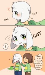  ! 1boy 1other 2017 2d 3koma ambiguous_gender animal_ears animal_nose anthro asriel_dreemurr blue_pants body_fur brown_hair brown_pants chara_(undertale) closed_eyes comic digital_media droopy_ears duo english_text fangs floppy_ears furry furry_male goat goat_boy goat_ears green_eyes green_sweater hand_on_another's_shoulder holding holding_watering_can horizontal-striped_clothes human kono2noko long_sleeves male mammal monster monster_boy notice_lines open_mouth orange_background pants sequential short_hair shorts simple_background single_horizontal_stripe skin_fangs smile speech_bubble spoken_exclamation_mark standing striped_clothes striped_sweater sweater tall_image text translated two-tone_sweater undertale utdr_(toby_fox) watering_can white_fur yellow_background yellow_stripes |_| 
