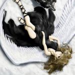   angel black_dress brown_hair black_eyes lying wings wolf  