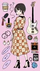  1girl bass_guitar black_hair car_keys character_name cup cupcake earphones earrings food high_heels highres instrument inuzuka_miwa jewelry lipstick long_skirt makeup pink_background second-party_source short_hair skirt smile solo tamifull tsukiatte_agetemo_ii_kana upper_body 