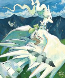  1boy absurdres artist_name bracelet brown_pants clouds day flying green_hair highres ivelovedsekaowa jewelry long_hair looking_back male_focus mountainous_horizon n_(pokemon) outdoors pants pidove pokemon pokemon_(creature) pokemon_black_and_white reshiram riding riding_animal shirt white_shirt 