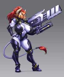  absurdres armor blackmyst blonde_hair bodysuit bracer breasts cow_horns curled_horns earrings fantasy full_body gold_earrings gradient_background grey_background gun hand_on_own_hip highres holding holding_gun holding_weapon hoop_earrings horns huge_breasts jewelry lips long_hair multicolored_hair multiple_earrings navel original parted_lips pointy_ears ponytail red_hair science_fiction shoulder_armor simple_background tail two-tone_hair weapon white_bodysuit white_horns yellow_bodysuit yellow_eyes 