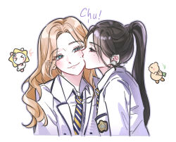  2girls aqua_eyes black_hair blazer blonde_hair blue_necktie blush closed_mouth collared_shirt commentary_request couple cropped_torso curtained_hair diagonal-striped_clothes diagonal-striped_necktie highres jacket kiss kissing_cheek korean_commentary light_smile long_hair looking_at_another makes2h mole mole_under_eye multiple_girls necktie open_clothes open_jacket original outline ponytail purple_outline school_emblem school_uniform shirt simple_background striped_clothes striped_necktie wavy_hair white_background white_jacket white_shirt yuri 