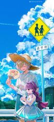 1boy 1girl absurdres blonde_hair blue_dress blue_shorts blue_sky bottle bow braid brown_hair closed_eyes clouds day dress feli_(puyopuyo) hair_bow hair_over_one_eye hairband hand_fan hat highres holding holding_fan lemres_(puyopuyo) long_hair merumerumerume open_mouth outdoors paper_fan purple_hair puyopuyo ramune road_sign shirt short_hair shorts sign sky sleeveless sleeveless_dress smile standing straw_hat summer sun_hat twitter_username uchiwa white_dress white_shirt 