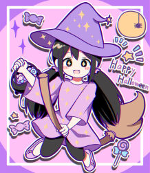  +_+ 1girl aged_down alternate_hairstyle aubrey_(faraway)_(omori) aubrey_(omori) basket black_hair black_pants blush broom broom_riding candy double-parted_bangs fang food full_body hair_between_eyes halloween_costume hat highres holding holding_basket hoshidashiki long_hair long_sleeves looking_at_viewer low_twintails omori open_mouth outline pants pink_shoes purple_hat shoes smile solo twintails white_outline witch_hat 