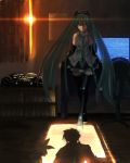  chair computer detached_sleeves kagamine_rin kaito koji kouji_(astral_reverie) light necktie shadow silhouette thigh_boots twintails very_long_hair vocaloid 