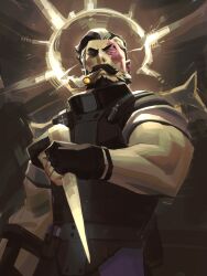  1boy absurdres beard biceps black_gloves black_hair black_shirt burn_scar cigar clerical_collar closed_mouth cowboy_shot cross deadlock_(game) eyebrow_cut facial_hair fingerless_gloves gloves highres holding holding_weapon jeremy_anninos latin_cross male_focus mature_male multicolored_hair muscular muscular_male mustache one_eye_closed priest scar scar_on_face shirt short_hair smoke smoking solo stake two-tone_hair venator_(deadlock) weapon white_hair 
