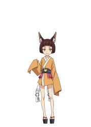  1girl animal_ear_fluff animal_ears artist_request bare_legs black_sash brown_hair child collarbone fox_ears fox_girl full_body hand_up japanese_clothes kimono kumara_(tensura) looking_at_viewer official_art orange_kimono oversized_clothes platform_sandals sandals sash second-party_source short_eyebrows short_hair short_kimono simple_background solo standing tensei_shitara_slime_datta_ken thick_eyebrows transparent_background wide_sleeves yellow_eyes 