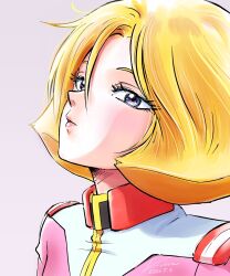  1girl blonde_hair blue_eyes closed_mouth collared_jacket commentary_request dated earth_federation earth_federation_space_forces expressionless gundam highres jacket kobakin looking_at_viewer medium_hair military_rank_insignia military_uniform mobile_suit_gundam pink_jacket sayla_mass science_fiction short_hair shoulder_boards signature simple_background soldier solo upper_body white_background 