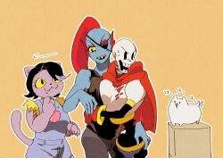  1boy 2017 2d 2girls animal animal_ears animal_nose annoying_dog anthro armor black_eyepatch black_hair black_tank_top blue_overalls blue_pants blue_shorts blue_skin body_fur boots box breast_press cape cat cat_ears cat_girl cat_tail catty_(undertale) colored_sclera colored_skin colored_teeth digital_media dog ear_fins eyelashes eyepatch fangs female fins fish fish_girl furry furry_female gloves hand_on_another's_hip hand_on_another's_waist head_fins high_ponytail hip_bones humanoid kono2noko long_hair male mammal monster monster_boy monster_girl multiple_girls outline overalls pants papyrus_(undertale) ponytail purple_fur red_boots red_cape red_gloves red_hair sharp_teeth shorts simple_background skeleton slit_pupils solid_circle_eyes solid_eyes spine sweat tail tail_wagging tank_top teeth undead undertale undyne utdr_(toby_fox) white_armor white_dog white_fur white_outline yellow_background yellow_sclera yellow_teeth yellow_trim 