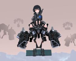  1girl absurdres bike_shorts black_hair brown_background cqcnorthfish drone expressionless facing_viewer flying gloves highres hood hoodie lanyard mechanical_arms number_print orange_eyes original pouch robot short_hair silhouette sitting_on_robot sleeves_rolled_up tactical_clothes tactical_gloves thigh_pouch thrusters watch watch 