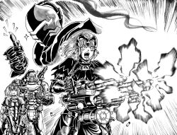  1boy 2girls :o ahoge ammunition armor assault_visor bayonet berserker_(fate/zero) blush closed_eyes commentary_request doom_(series) doom_eternal doomguy fangs fate/grand_order fate_(series) firing full_armor gatling_gun gauntlets greyscale gun hands_up headpiece helmet highres holding holding_gun holding_weapon jeanne_d'arc_(fate) jeanne_d'arc_(ruler)_(fate) jeanne_d'arc_alter_(avenger)_(fate) jeanne_d'arc_alter_(fate) knight minigun monochrome multiple_girls muzzle_flash nervous_sweating praetor_suit sheath sheathed shell_casing short_hair shotgun shoulder_cannon standing substance20 sweat sword sword_of_st._catherine_(fate) thumbs_up weapon 