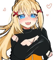  blonde_hair blue_eyes blush braid breasts cleavage_cutout clothing_cutout currychi darkness_(konosuba) hair_ornament hairclip heart highres kono_subarashii_sekai_ni_shukufuku_wo! large_breasts open_mouth ponytail torn_clothes 