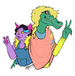  2015 2d 2girls alligator animal_ears animal_nose anthro black_hair blonde_hair body_fur bratty_(undertale) cat cat_ears cat_girl catty_(undertale) closed_eyes colored_skin commentary crocodile cropped_torso digital_media earrings english_commentary fangs female female_only furry furry_female green_skin hand_on_another's_hip looking_at_viewer mammal multiple_girls open_mouth pawpads paws pink_poncho pink_sclera poncho purple_fur reptile reptile_girl roryartsatyou scalie sharp_teeth simple_background slit_pupils tail teeth undertale utdr_(toby_fox) v white_background yellow_sclera 
