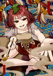  1girl absurdres animal_ears artist_logo bell brown_dress brown_eyes brown_hair collarbone commentary dress eclair_senpai futatsuiwa_mamizou highres holding holding_smoking_pipe indian_style jingle_bell kiseru logo looking_at_viewer open_mouth raccoon_ears raccoon_girl raccoon_tail reaching reaching_towards_viewer rope round_eyewear shimenawa sitting smoke smoking_pipe solo tail teeth touhou untranslatable_commentary upper_teeth_only 