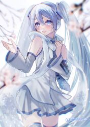  1girl adjusting_scarf ame33_2 bare_shoulders blue_eyes blue_hair blue_trim blurry blurry_foreground cherry_blossoms commentary_request cowboy_shot detached_sleeves hair_between_eyes hair_ornament hands_up hatsune_miku headset highres light_blush long_hair open_mouth scarf shirt skirt sleeveless sleeveless_shirt snowflake_print snowflakes solo thighs twintails twitter_username very_long_hair vocaloid white_background white_scarf white_shirt white_skirt yuki_miku 