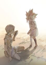  2boys aged_down ancient_egyptian_clothes armlet atem bare_shoulders blood blood_on_hand bloom blue_eyes brown_hair bruise bruise_on_face bruise_on_leg circlet colored_bangs colored_tips commentary_request dark-skinned_male dark_skin desert dirty dirty_clothes dirty_face evening gold_armlet gold_necklace hand_on_own_knee highres injury jewelry kurobeta male_focus multicolored_hair multiple_boys necklace offering_hand_to_another on_one_knee priest_seto red_eyes red_hair sandals scrape scraped_elbow scraped_knee sunlight usekh_collar wiping_face yu-gi-oh! yu-gi-oh!_duel_monsters 