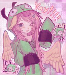 >_o 1girl absurdres animal_ears antonymph aqua_eyes blush butterfly_hair_ornament checkered_background commentary fluttershy gir_(dog_costume)_(invader_zim) gir_(invader_zim) gir_hoodie green_hoodie hair_ornament hairclip highres hood hoodie horse_ears horse_girl invader_zim looking_at_viewer mi0mk my_little_pony my_little_pony:_friendship_is_magic one_eye_closed parallel_hairclips personification pink_hair scene_fashion sleeves_past_fingers sleeves_past_wrists upper_body vylet_pony wings yellow_wings zipper