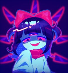  1girl :d aqua_(deltarune) aqua_dress aqua_skin black_hair blue_outline blush bow colored_skin deltarune dreamy_kurosagi dress extra_eyes fangs hand_up heart highres knife large_bow long_hair looking_down neckerchief open_mouth outline purple_background red_bow red_neckerchief red_outline shaded_face skin_fangs sleeves_past_fingers sleeves_past_wrists smile solo third_eye too_many too_many_knives triclops two_side_up upper_body utdr_(toby_fox) 