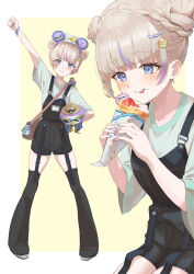  1girl :p absurdres alternate_costume arm_up bag banpen_(todoroki_hajime) black_overalls blonde_hair border bracelet brown_bag commentary_request crepe double_bun eating food food_in_mouth hair_bun handbag highres holding holding_crepe holding_food hololive hololive_dev_is jewelry multiple_views outside_border overalls purple_nails sawari_66 shirt short_hair short_sleeves simple_background todoroki_hajime tongue tongue_out white_border white_shirt yellow_background 