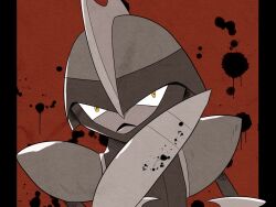  1other arm_blade bisharp colored_skin commentary_request facing_viewer fake_horns grey_helmet grey_skin hand_up helmet high_contrast highres horned_helmet horns looking_at_viewer monochrome paint_splatter parted_lips partially_colored pillarboxed pokemon pokemon_(creature) pokemon_focus red_background redamber334 shoulder_pads spot_color upper_body weapon yellow_eyes 