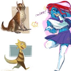  1:1 1other 2015 2d 2girls alphys ambiguous_gender animal animal_nose anthro arsullivan artist_collaboration barefoot black_eyepatch blue_skin bread brown_pants buck_teeth claws colored_sclera colored_skin colored_teeth commentary digital_media dinosaur dinosaur_girl dog dog_tail ear_fins english_commentary eyepatch female fins fish fish_girl food food_in_mouth full_body hands_on_own_cheeks head_fins heart high_ponytail horizontal-striped_clothes hybrid lizard lizard_girl lizard_tail long_hair milesupshur monster monster_girl monster_kid_(undertale) multiple_girls neckerchief original original_character owl pants ponytail purple_neckerchief purple_skirt red_hair reptile reptile_girl reptile_tail scalie school_uniform sharp_teeth shirt signature simple_background sitting sketch skirt slit_pupils striped_clothes striped_shirt tail talons teeth thighhighs tongue tongue_out two-tone_shirt undertale undyne utdr_(toby_fox) walking white_background white_thighhighs yellow_beak yellow_sclera yellow_shirt yellow_skin yellow_stripes yellow_teeth 