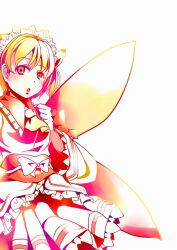  1girl :o ascot blonde_hair blush bow commentary_request cowboy_shot fairy_wings frilled_shirt frilled_shirt_collar frills hand_up highres kanzakietc limited_palette long_sleeves looking_at_viewer one-hour_drawing_challenge open_mouth pink_eyes pleated_skirt shirt short_hair simple_background skirt solo sunny_milk touhou waist_bow white_background white_bow white_shirt white_skirt wings yellow_ascot yellow_wings 